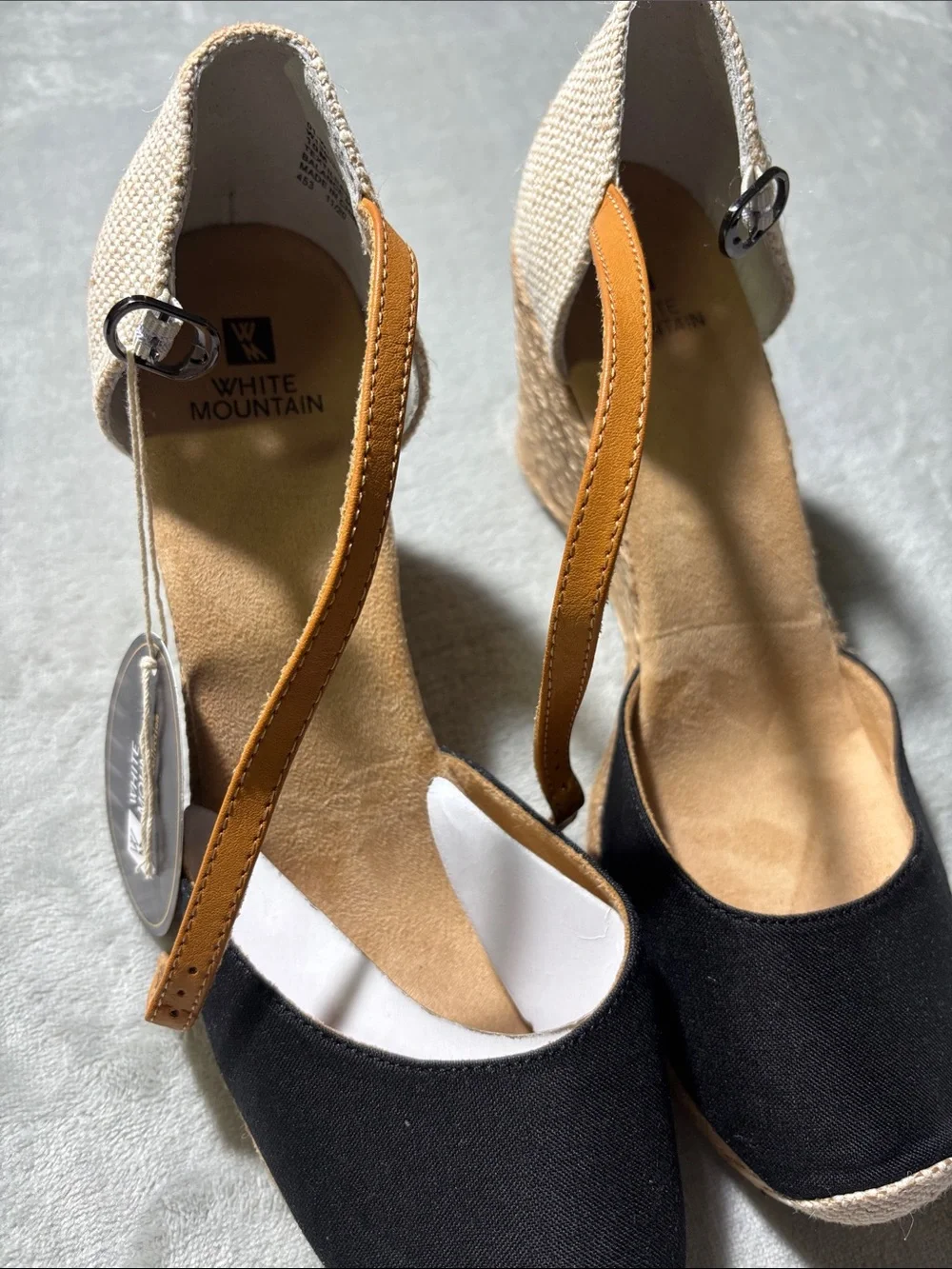 White Mountain Black and Tan Espadrille Wedge Sandals